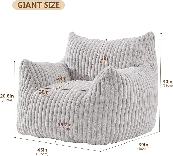 Giant Bean Bag Chairs for Adults Teens, Large Bean Bag Sofa Chairs with Filling Comfy Fuzzy BeanBag Chair with Armrests for Bedroom Living Room Reading (Light Gray, Large)-Ruum Studio Home