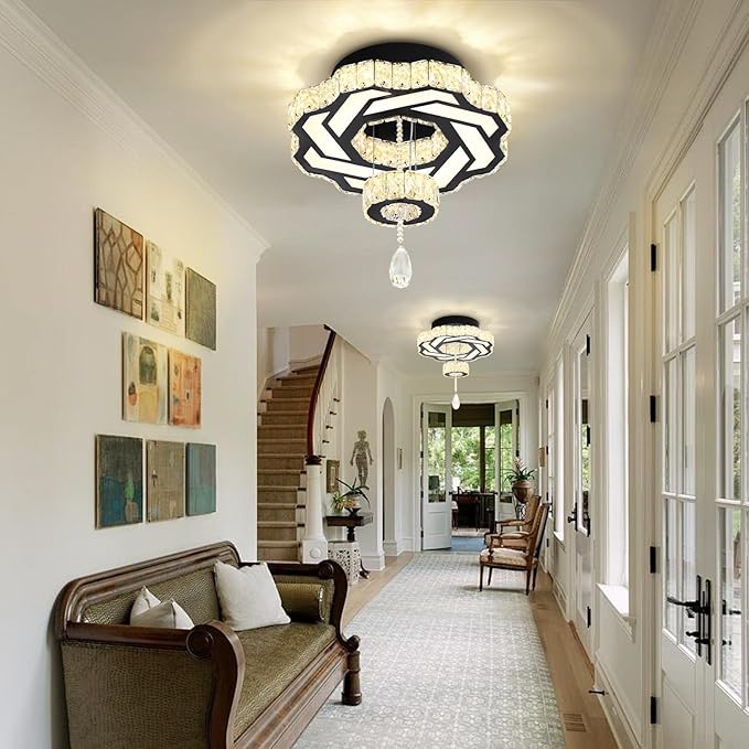 Flashing God 16 Inch Mini Chandelier Modern Crystal Chandeliers Light Semi Flush Mount Ceiling Light Fixture Small Black Chandelier for Bedroom Hallway Kitchen Foyer-Ruum Studio Home