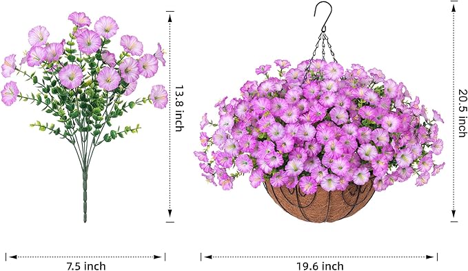Artificial Faux Hanging Plants Flowers Basket for Outdoor Outside Spring Summer Decoration, Silk Purple Morning Glory in Planter UV Resistant Look Real Fake Flowers for Porch Patio Balcony Home Yard-Ruum Studio Home