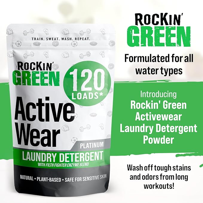 Rockin' Green Laundry Detergent, Plant based, All Natural Laundry Detergent Powder, Vegan and Biodegradable Odor Fighter, Safe for Sensitive Skin (Active Wear 120 Loads - Unscented)-Ruum Studio Home