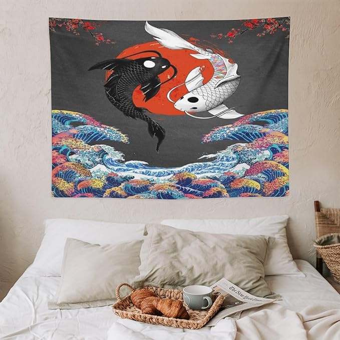 Houselerax Japanese Koi Fish Tapestries, Yin Yang Big Wave Cherry Blossom Tapestry Wall Hanging for Bedroom Living Room Office Decor 40"x30"-Ruum Studio Home