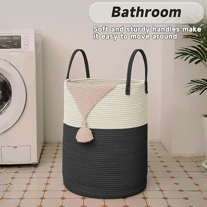 Large Woven Laundry Basket Hamper,100L Cotton Rope Storage Bin for Blankets,Toys and Clothes,Decorative Tall Nursery Hamper for Living Room,Baby Nursery,Bathroom and Bedroom,White and Black-Ruum Studio Home