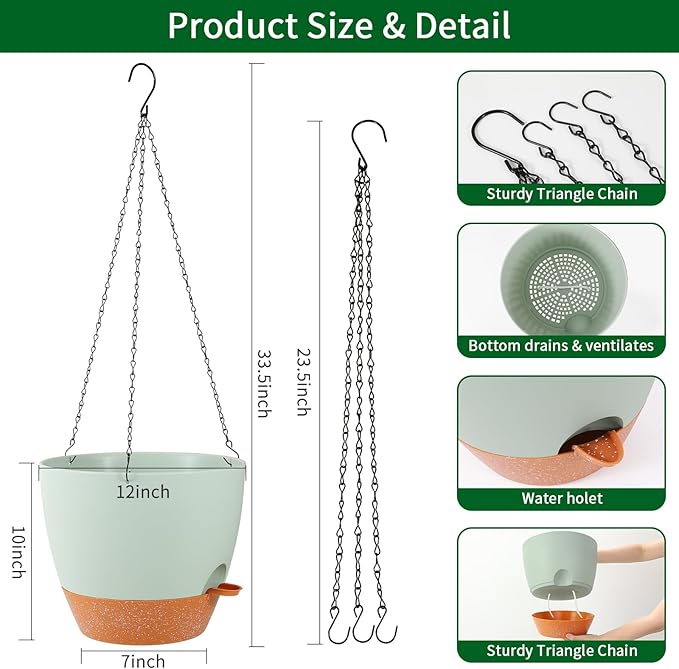 GARDIFE Large Hanging Planter, 12 inch Hanging planters for Indoor. Outdoor Plants, Self Watering Plant Pot, Plant Hanger, Green-Ruum Studio Home