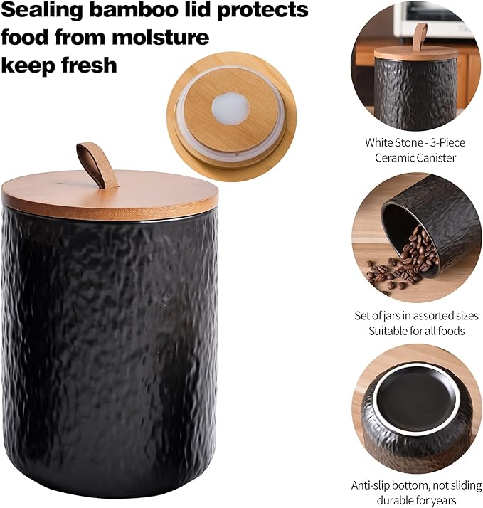 JOJUNO Black Ceramic Canister Set with Wooden Lid, 3-Piece Airtight Food Storage Jars for Kitchen Counter - Flour, Sugar, Coffee, Tea, Spice - Small, Medium, Large Sizes - Stone Texture-Ruum Studio Home