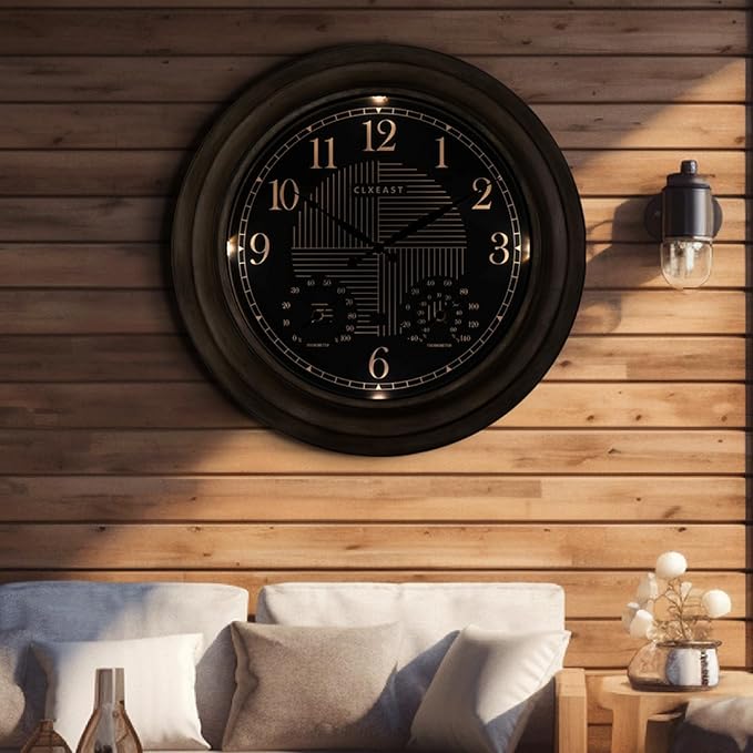 CLXEAST 24 Inch Self-Illuminated in/Outdoor Atomic Wall Clock with Temperature and Humidity, Oversized Large 24 Inch Wall Clocks for Living Room Decor, Brushed Grey Oak Wooden Finish-Ruum Studio Home