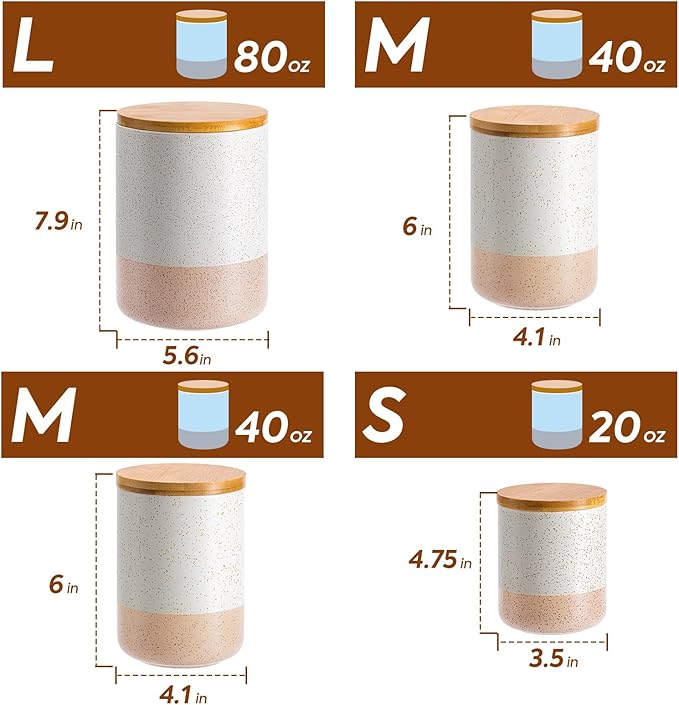 Yangbaga Canisters Sets for Kitchen Countertop-Set of 4 Ceramic Kitchen Canisters Food Storage Jar with Airtight Wood Lids & Spoons & Label,Large Flour and Sugar Containers for Serving Ground Coffee-Ruum Studio Home