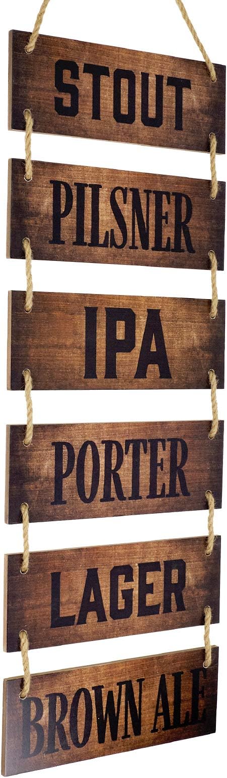 EXCELLO GLOBAL PRODUCTS Large Hanging Wall Sign: Rustic Wooden Decor (Stout, Pilsner, IPA, Porter, Lager, Brown Ale) Hanging Light Wood Wall Decoration (11.75" x 32")-Ruum Studio Home
