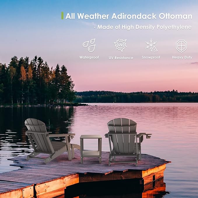 GREENVINES Adirondack-Ottoman | HDPE Plastic | Outdoor Footrest | All Weather | Foot Rest | Foot Stool | Grey | for Adirondack Chair | for Patio Backyard Pool-Ruum Studio Home