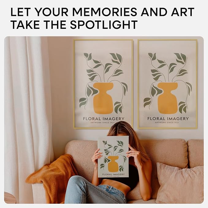 Homeforia 16 x 24 Picture Frame Gold, High End Metal 16x24 Poster Frames with Mat 12x18 Photo, 16 x 24 Gold Frame Matted to 12 by 18 Print, 24x16 Thin Hanging Frame, Tempered Glass, Wall Kit, Set of 1-Ruum Studio Home