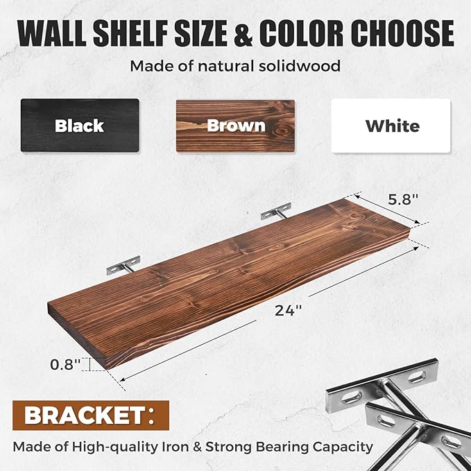 Floating Wall Shelves 2-Pack - 24-Inch Rustic Brown Wooden Shelves for Storage and Décor, Easy Installation for Living Room, Bedroom, and Kitchen-Ruum Studio Home