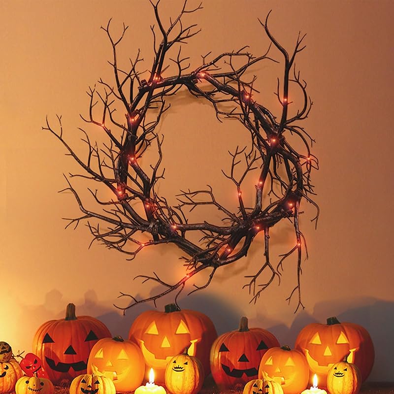 Halloween Black Branch Wreath Signs for Front Door with Red Lights,Handcrafted Halloween Horror Wreath for Indoor Outdoor Party Window Wall Decor Farmhouse Garland Yard-Ruum Studio Home