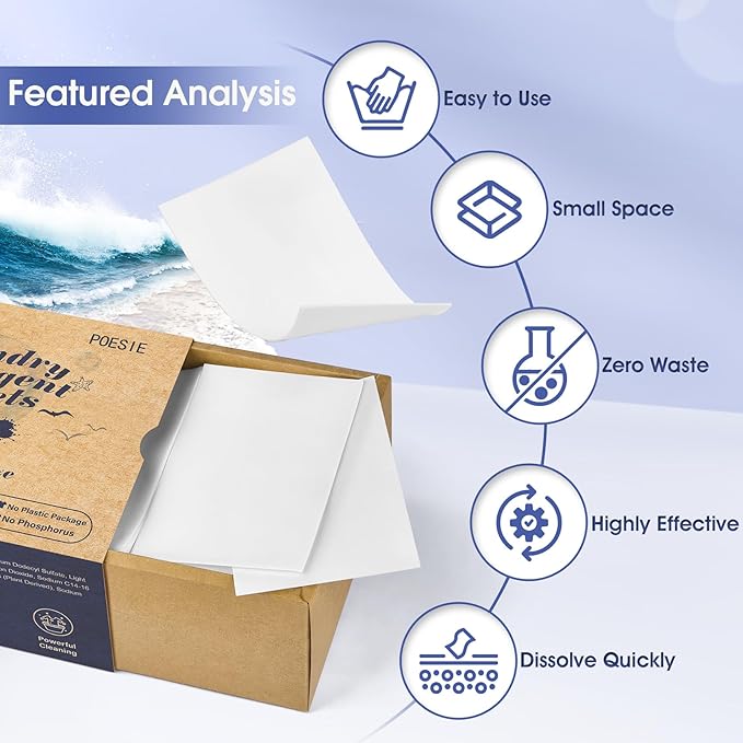 Poesie Laundry Detergent Sheet Ocean Breeze Scent 160 Loads Portable Non-Plastic Drawer Box Travel-Friendly Liquidless Portable No Mess Laundry Soap Strips for Home Dorm RV Outdoor Trip-Ruum Studio Home