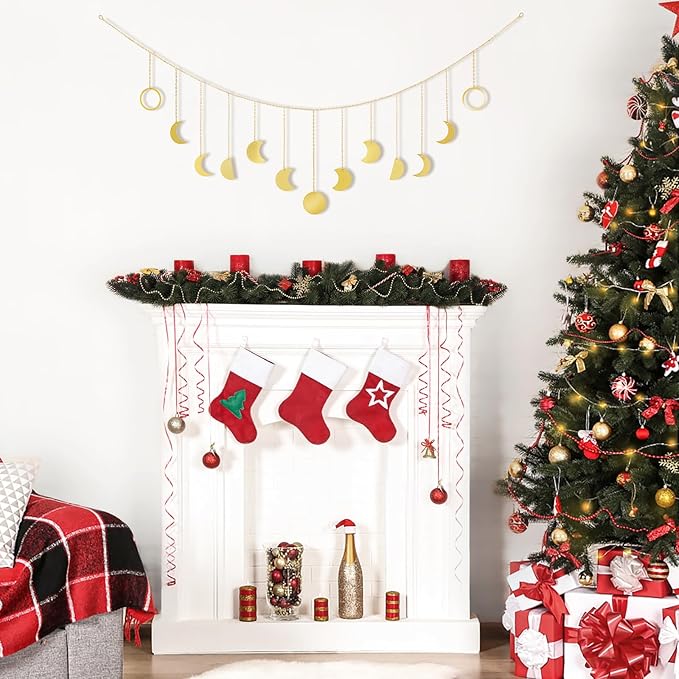 Mkono Moon Phase Wall Hanging Boho Aesthetic Room Decor Metal Moons Garland Hanging Art Bohemian Home Decoration for Girls Room Nursery Bedroom Livingroom Dorm, Ideal, Gold, 55"-Ruum Studio Home