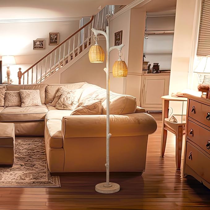68" High Farmhouse Rustic Country Cottage Floor Lamp Tree Trunk Faux Wood Column White Washed Wicker Drum Shade Decor for Living Room Bedroom Reading Room-Ruum Studio Home
