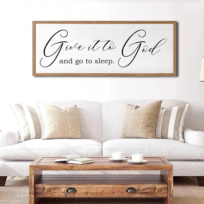 Give It To God And Go To Sleep Sign Wall Decor 40x15 Inch Large Farmhouse Master Bedroom Above Bed Hanging Wall Art Rustic Guest Room Wood Framed Over Bed Wall Decoration (Wood White)-Ruum Studio Home