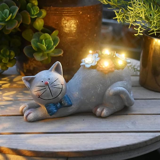 Cat Garden Figurines Outdoor Decor Solar Statue with Succulent and LED Lights for Patio Lawn Yard Art Decoration Housewarming Garden Gift-Ruum Studio Home