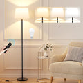 Modern Floor Lamp with Adjustable Brightness, Remote Control, Black, LED Bulbs, White Shade, Foot Switch, Easy Assembly-Ruum Studio Home