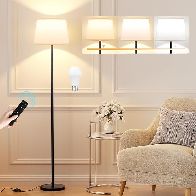 Modern Floor Lamp with Adjustable Brightness, Remote Control, Black, LED Bulbs, White Shade, Foot Switch, Easy Assembly-Ruum Studio Home