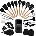 Country Kitchen Non Stick Silicone Utensil Set with Rounded Wood Handles for Cooking and Baking, 38 Piece Set, Black-Ruum Studio Home