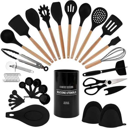 Country Kitchen Non Stick Silicone Utensil Set with Rounded Wood Handles for Cooking and Baking, 38 Piece Set, Black-Ruum Studio Home