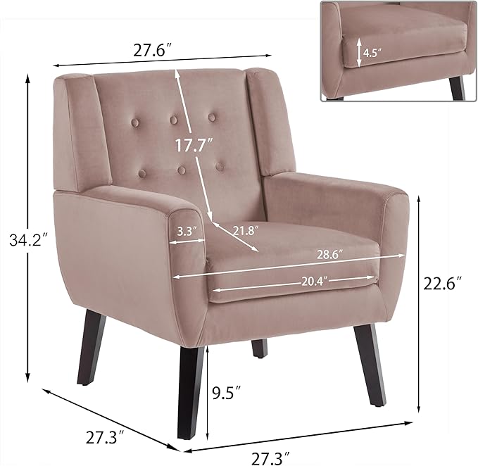 UIXE Accent Chair, Velvet Upholstered Armchair for Living Room, Modern Club Arm Chairs Comfy Single Sofa Button Tufted Bedroom Reading Seat - Skin Pink, Set of 1-Ruum Studio Home