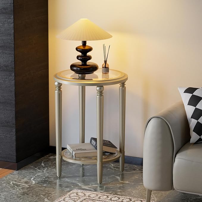 COSIEST Round Side Table, End Table Glass with Wood Frame, Champagne Gold Bedside Table with Modern Style for Living Room, Balcony, Bedroom-Ruum Studio Home