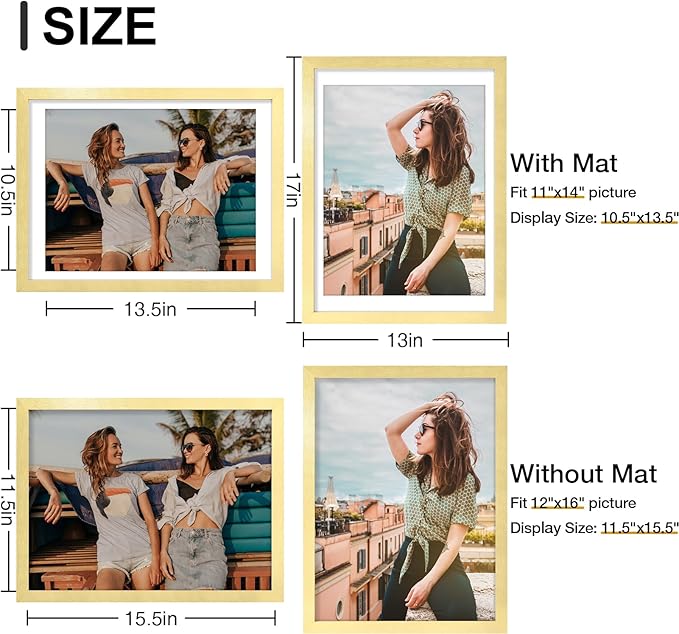 Vittanly 12x16 Picture Frames Set of 9, Shatter Resistant Plexiglass, Display 11x14 Pictures with Mat or 12x16 without Mat, Photo Frames for Wall Mount, Engineered Wood, Gold-Ruum Studio Home