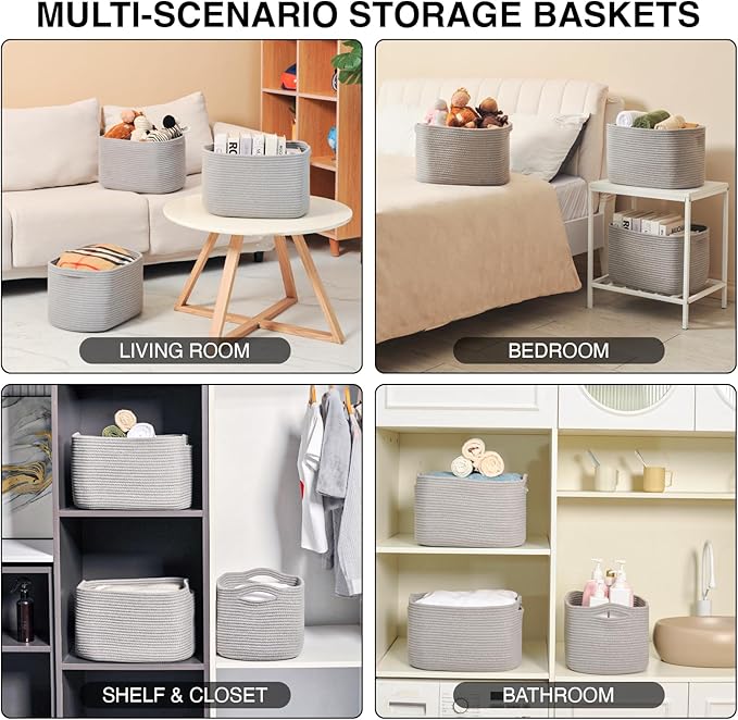 Storage Baskets for Organizing Shelves, Woven Cotton Rope Bins for Baby Nursery Organization, Book Toy Towel Organizer, 15"x11"x9.5", 3 Packs, Grey-Ruum Studio Home