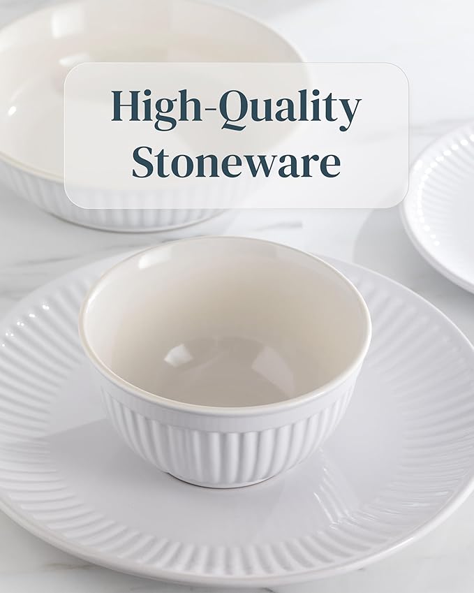 Stoneware Dinnerware Set for 4 People HYGGE 12-Piece - Elegant Scandi Design - Premium Dish Set - Bowl and Plate Set - Tableware for 4 People in a Ribbed Design - Pure Living in White-Ruum Studio Home