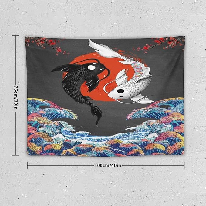 Houselerax Japanese Koi Fish Tapestries, Yin Yang Big Wave Cherry Blossom Tapestry Wall Hanging for Bedroom Living Room Office Decor 40"x30"-Ruum Studio Home