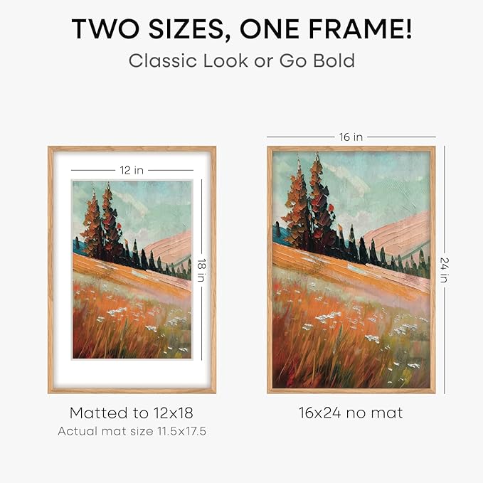 Homeforia Picture 16x24 Wood Frame, High End Natural Oak 16x24 Light Wooden Poster Frame with Mat 12x18, 16 x 24 Frames Matted to 12 x 18 Photo, 24x16 Hanging Frame, Tempered Glass, Wall Kit, Set of 1-Ruum Studio Home