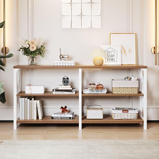 LVB Industrial Entryway Table, Farmhouse Rustic Console Table Behind Couch, Long Metal Sofa Table with Storage Shelf, Modern Hallway Table for Living Room Bedroom,White and Rustic Oak,63 inch-Ruum Studio Home