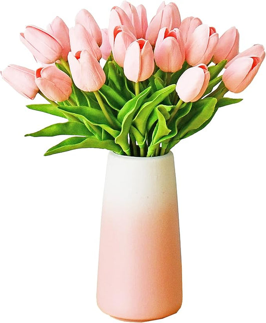 Mandy's Artificial Tulips 28 Stems Light Pink with Gradient Pink Vase PU Faux Flowers for Wedding Home Decor 13.5 Inch-Ruum Studio Home
