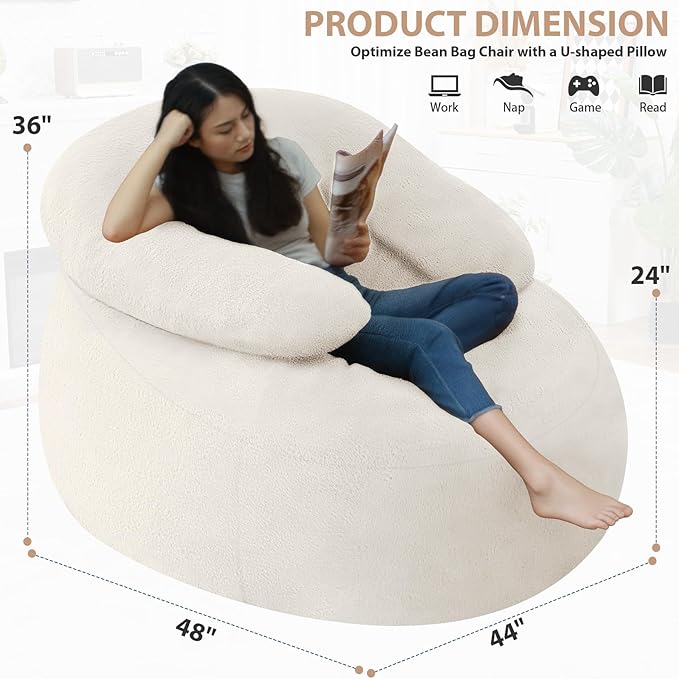 HABUTWAY Bean Bag Chair with U-Shaped Pillow for Adult and Kids Big BeanBag Chair with Filling Ultra Soft Faux Fur Couch Chair with Washable Cover for Living Room Bedroom Office, Beige & Beige-Ruum Studio Home