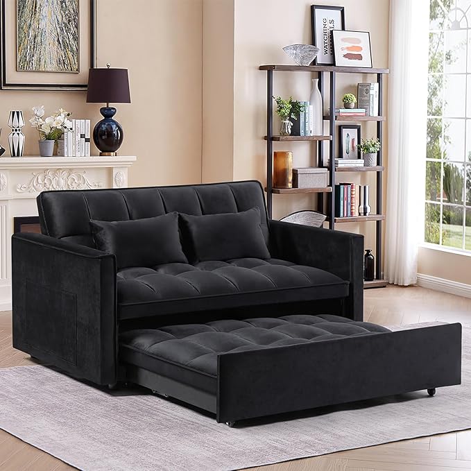 3 in 1 Convertible Sleeper Sofa Bed,Futon Loveseat Couch with Pull-Out Bed & Adjustable Backrest,Velvet Fabric Sofa with Side Pocket for Small Apartment, Living Room, Office (Black)-Ruum Studio Home