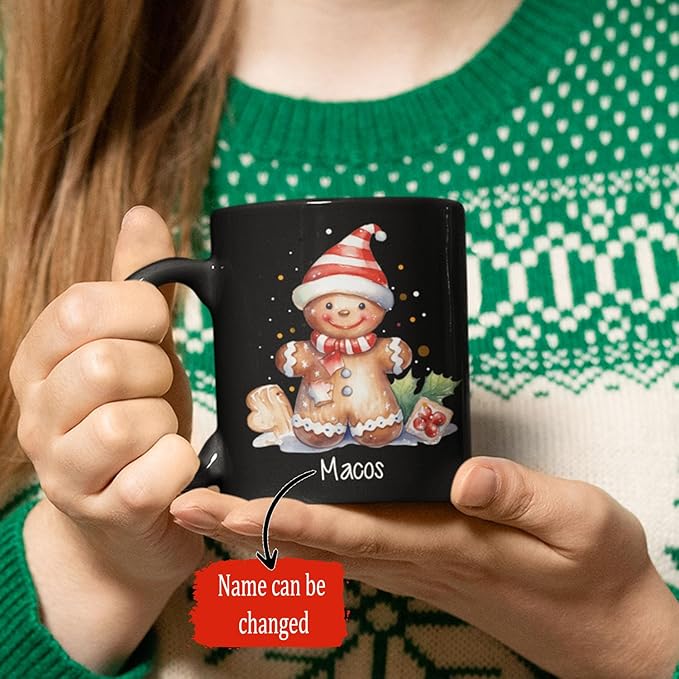 Watercolor Christmas Gingerbread Design Mug, Custom Gingerbread Lover Black Cup, Customized Christmas Coffee Mug With Name, Gift For Boy Girl, Personalized Gingerbread Lover Cup 11oz 15oz-Ruum Studio Home