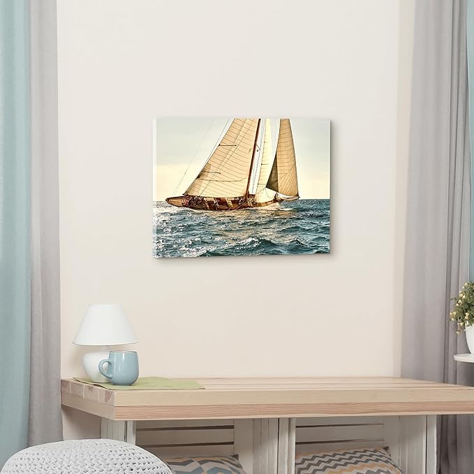 ARTISTIC PATH Nautical Sailboat Canvas Wall Art - Coastal Ocean Artwork Seascape Sailing Prints Wave Boat Picture Sunset Marine Ship Painting for Bedroom-Ruum Studio Home