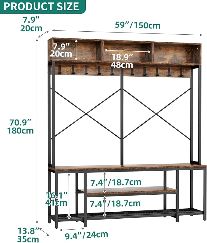 YITAHOME Entryway Bench with Coat Rack, 5-in-1 Hall Tree with Shoes Storage, Industrial Freestanding Coat Rack Shoe Bench with Storage Shelves, 10 Hooks for Hallway, Bedroom, Rustic Brown-Ruum Studio Home