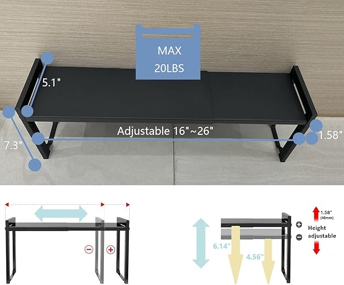 Expandable Cabinet Shelf Organizer 16-26" L Stackable Kitchen Counter Shelf Rack Stand Sink Riser Countertop Storage Black (Narrow 5.1”D)-Ruum Studio Home