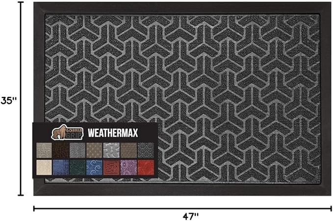 GORILLA GRIP 100% Waterproof All-Season WeatherMax Doormat, 47x35, US Designed Natural Rubber, Stain and Fade Resistant, Low Profile Indoor Outdoor Door Mats, Easy Clean Patio Mat, Slate Geometric-Ruum Studio Home
