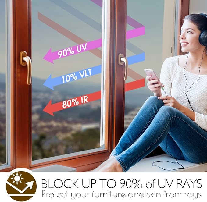 HIDBEA One Way Privacy Window Film, Daytime Mirror Reflective Heat Control UV Sun Blocking Non-Adhesive Static Cling Window Tint for Home and Office (Brown-Silver, 35.4 Inch x 32.8 Feet)-Ruum Studio Home