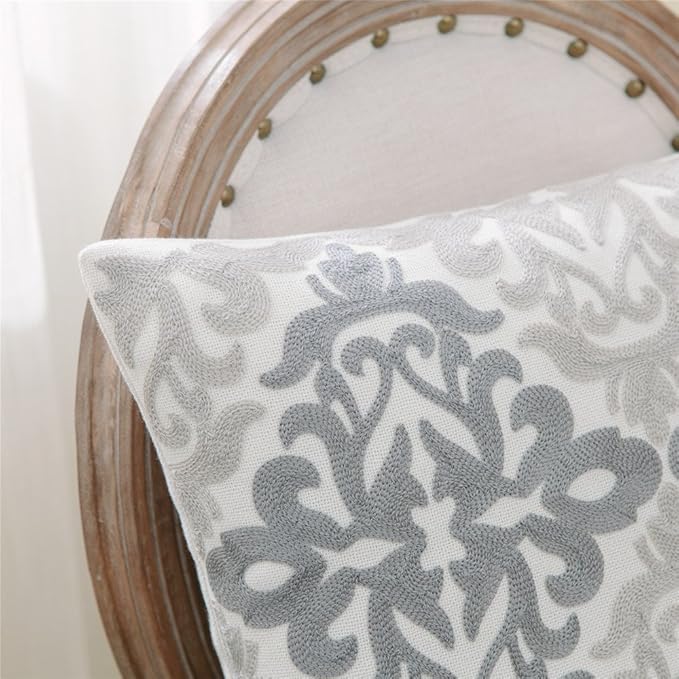 HWY 50 Gray Grey Decorative Throw Pillow Covers 18x18 Inch, Pack of 2 Embroidered Linen Farmhouse Cushion Cover Pillow Case for Sofa Couch Living Room Bed Bedroon, Accent Geometric-Ruum Studio Home