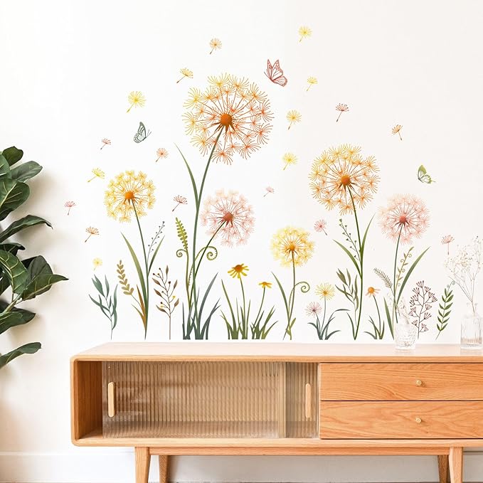 Dandelion Flower Butterfly Wall Decals Gold Dandelion Plants Floral Wall Stickers Peel and Stick Vinyl Wall Art Decor for Living Room Bedroom Office TV Sofa Backdrop Home Decor Gifts for Mom-Ruum Studio Home