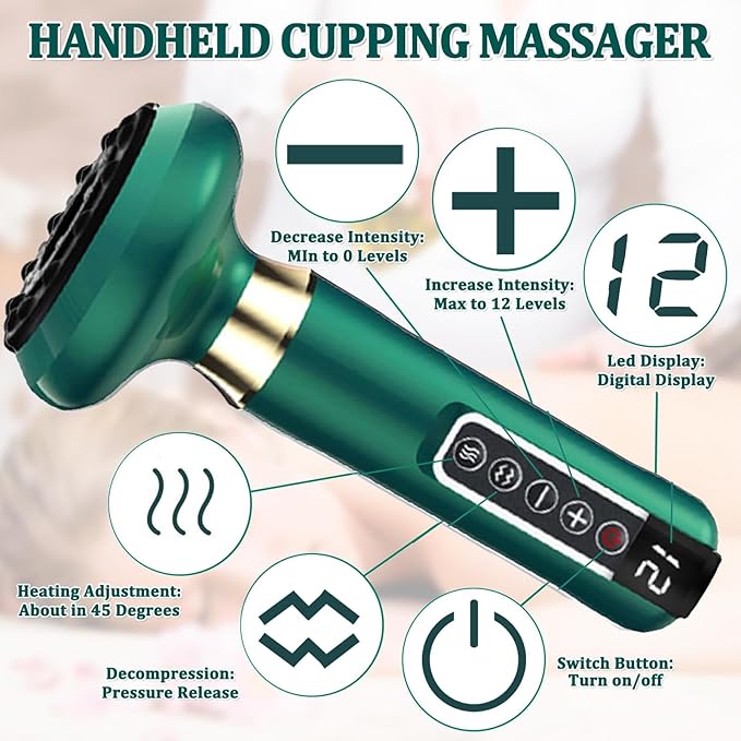 VHV Cellulite Massage Tool-Cupping Kit for Massage Therapy、Lymphatic Drainage Massager、12 Speed Adjustable Suction Cupping Therapy Set, Belly, Thighs, Arms, Butt.（Green-Ruum Studio Home