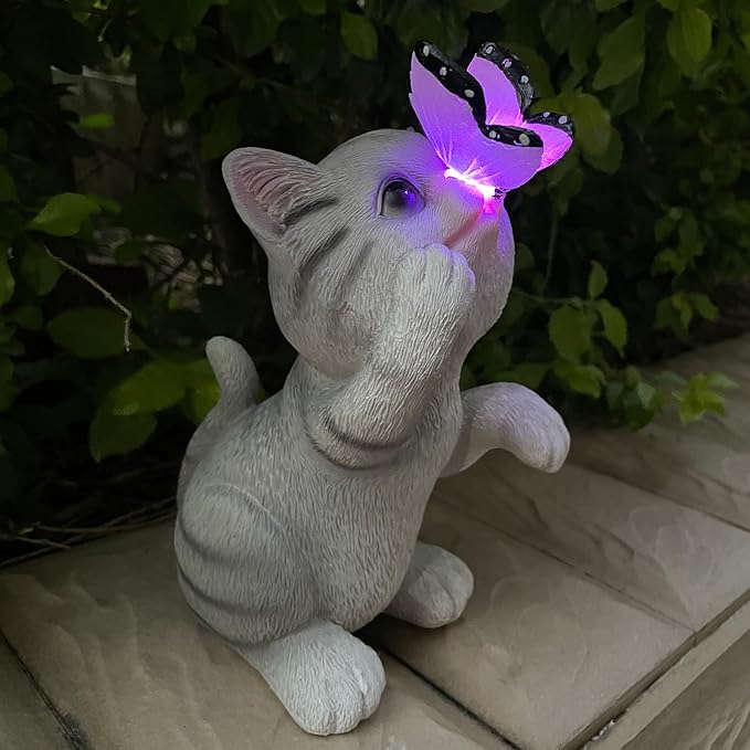 Solar Cat Outdoor Figurines Garden Decor with Butterfly Cat Statue Light for Lawn Ornaments Porch Patio Balcony Yard Decorations Outdoor Birthday Gifts for Women Grandma Mother’s Day-Ruum Studio Home