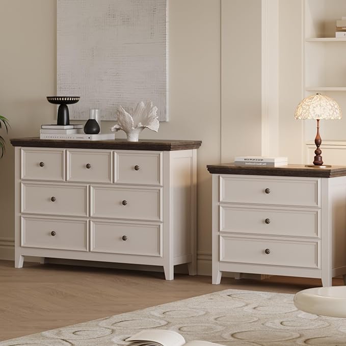 BLANKSPACE 7 Drawer Dresser, Modern Farmhouse Dresser Chest of Drawer for Bedroom, Chest of Drawers Storage Cabinet for Living Room, Entryway, Hallway, Antique White-Ruum Studio Home