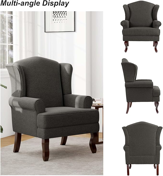 Accent Chair, High Back Upholstered Armchair with High Resilience Sponge & Wood Legs, Mid-Century Modern Comfy Single Sofa Reading Chairs for Living Room, Bedroom (Dark Grey, Set of 2)-Ruum Studio Home
