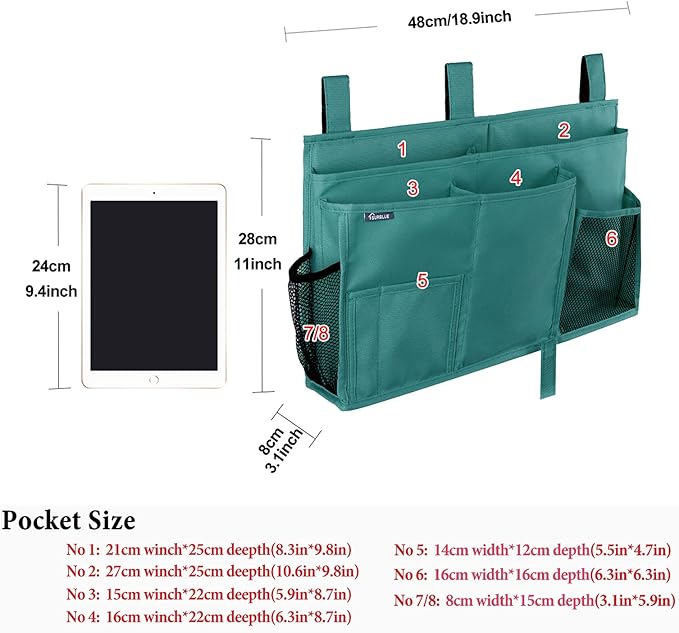 Surblue Caddy Hanging Organizer Bedside Storage Bag for Bunk and Hospital Beds, Teal, L-Ruum Studio Home