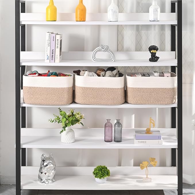 Large Storage Baskets for Organizing Shelves, Woven Cotton Rope Bins for Baby Nursery Organization, Book Toy Towel Organizer, 17"x13"x9.5", 3 Packs, Off White & Brown-Ruum Studio Home
