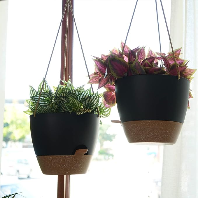 8 inch Hanging Planters, 2 Pack Self Watering Hanging Pots with 20oZ Deep Reservoir for Indoor Outdoor Plants Flowers, Black with Brown-Ruum Studio Home